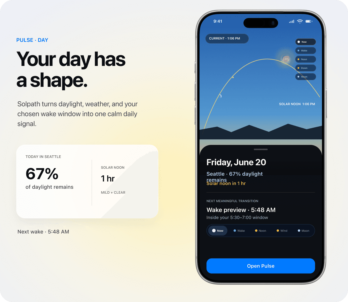 Solpath Pulse Day on iPhone, showing Seattle daylight, solar noon, and the next wake preview.